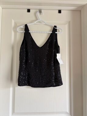 100% Silk Black Sequin V-Neck Women's Tank Top